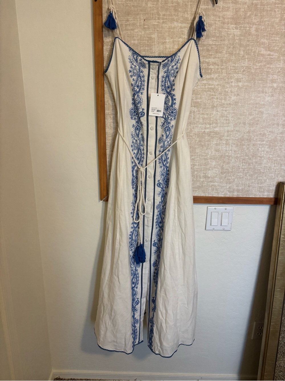 Tigerlily Azid Maxi Dress 12 White/Blue Paisley Embroidered Tassel Strappy